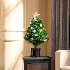 HOMCOM 2FT Pre-lit Artificial Christmas Tree Tabletop Multicoloured Fibre Optic Xmas Decoration w/ LED Lights Pot Table Desk - Green - 2