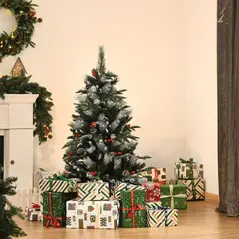 HOMCOM 4FT Artificial Snow Dipped Christmas Tree Xmas Pencil Tree Holiday Home Party Decoration with Foldable Feet Red Berries White Pinecones, Green - 2