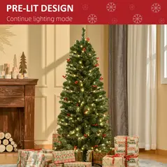HOMCOM 5FT Prelit Artificial Pencil Christmas Tree with Warm White LED Light, Red Berry, Holiday Home Xmas Decoration, Green - 5