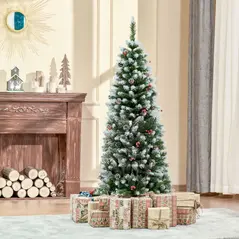 HOMCOM 5FT Artificial Christmas Tree Xmas Pencil Tree with Red Berries and Pinecones Holiday Home Indoor Decoration with Foldable Feet, Green - 2