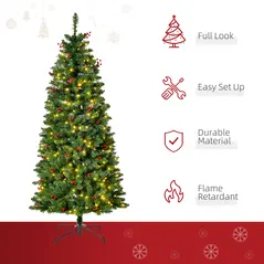 HOMCOM 5FT Prelit Artificial Pencil Christmas Tree with Warm White LED Light, Red Berry, Holiday Home Xmas Decoration, Green - 4