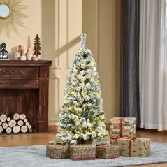 HOMCOM 4FT Prelit Artificial Snow Flocked Christmas Tree with Warm White LED Light, Holiday Home Xmas Decoration, Green White - 2