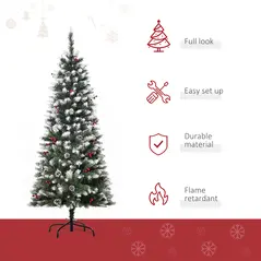 HOMCOM 5FT Artificial Christmas Tree Xmas Pencil Tree with Red Berries and Pinecones Holiday Home Indoor Decoration with Foldable Feet, Green - 4