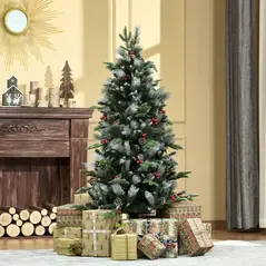 HOMCOM 5FT Artificial Snow Dipped Christmas Tree Xmas Pencil Tree Holiday Home Party Decoration with Foldable Feet Red Berries White Pinecones, Green - 2