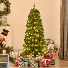 HOMCOM 5FT Prelit Artificial Pencil Christmas Tree with Warm White LED Light, Red Berry, Holiday Home Xmas Decoration, Green - 2