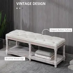 HOMCOM 2-Tier Bed End Bench, Vintage Stool, Wooden Window Seat with Storage Shelf, Button Tufted Upholstered Footstool for Living Room, Bedroom, Entryway, Cream White - 4