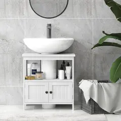 kleankin Pedestal Under Sink Cabinet with Double Doors, Modern Bathroom Vanity Storage Unit with Shelves, White - 7