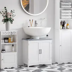kleankin Pedestal Under Sink Cabinet with Double Doors, Modern Bathroom Vanity Unit, Storage Cupboard with Adjustable Shelves, White - 2