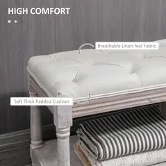 HOMCOM 2-Tier Bed End Bench, Vintage Stool, Wooden Window Seat with Storage Shelf, Button Tufted Upholstered Footstool for Living Room, Bedroom, Entryway, Cream White - 5