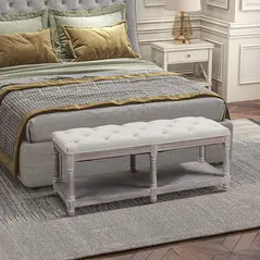 HOMCOM 2-Tier Bed End Bench, Vintage Stool, Wooden Window Seat with Storage Shelf, Button Tufted Upholstered Footstool for Living Room, Bedroom, Entryway, Cream White - 2