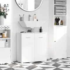 kleankin Under Sink Cabinet, Bathroom Vanity Unit, Pedestal Under Sink Design, Storage Cupboard with Adjustable Shelf, High Gloss, White - 2