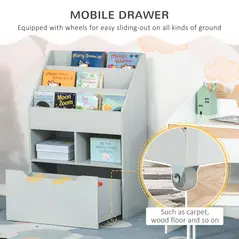 HOMCOM Kids Bookshelf, Toy Organiser, with Storage Drawer, Wheels - Grey - 5