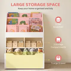 HOMCOM Kids Bookshelf, Toy Organiser, with Storage Drawer, Wheels - White - 4