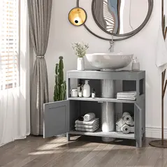 kleankin Pedestal Under Sink Cabinet with Double Doors, Modern Bathroom Vanity Storage Unit with Shelves, Light Grey - 7