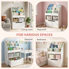 HOMCOM Kids Bookshelf, Toy Organiser, with Storage Drawer, Wheels - White - 9