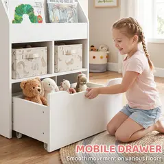 HOMCOM Kids Bookshelf, Toy Organiser, with Storage Drawer, Wheels - White - 6