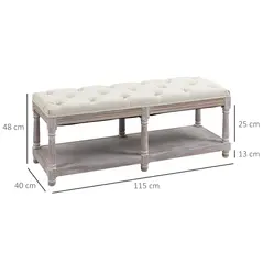 HOMCOM 2-Tier Bed End Bench, Vintage Stool, Wooden Window Seat with Storage Shelf, Button Tufted Upholstered Footstool for Living Room, Bedroom, Entryway, Cream White - 3