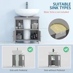 kleankin Pedestal Under Sink Cabinet with Double Doors, Modern Bathroom Vanity Storage Unit with Shelves, Light Grey - 4