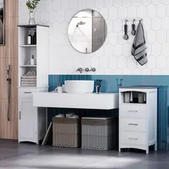kleankin Tall Bathroom Storage Cabinet with 3 Tier Shelf, Cupboard, Drawer, Door, Freestanding Linen Tower, Slim Side Organizer, White - 8