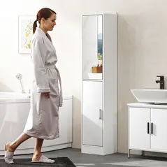 kleankin Tall Bathroom Cabinet with Mirror and Adjustable Shelf - White - 8