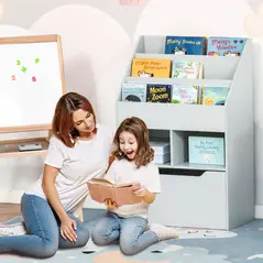 HOMCOM Kids Bookshelf, Toy Organiser, with Storage Drawer, Wheels - Grey - 2