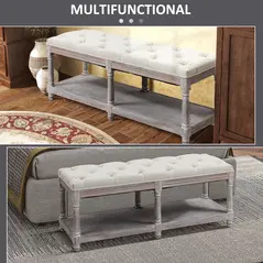 HOMCOM 2-Tier Bed End Bench, Vintage Stool, Wooden Window Seat with Storage Shelf, Button Tufted Upholstered Footstool for Living Room, Bedroom, Entryway, Cream White - 7