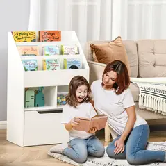 HOMCOM Kids Bookshelf, Toy Organiser, with Storage Drawer, Wheels - White - 2