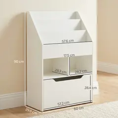 HOMCOM Kids Bookshelf, Toy Organiser, with Storage Drawer, Wheels - White - 3