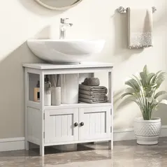 kleankin Pedestal Under Sink Cabinet with Double Doors, Modern Bathroom Vanity Storage Unit with Shelves, White - 2