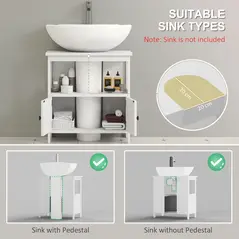 kleankin Pedestal Under Sink Cabinet with Double Doors, Modern Bathroom Vanity Storage Unit with Shelves, White - 4