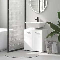kleankin Under Sink Cabinet, Bathroom Vanity Unit, Pedestal Under Sink Design, Storage Cupboard with Adjustable Shelf, High Gloss, White - 8