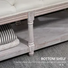 HOMCOM 2-Tier Bed End Bench, Vintage Stool, Wooden Window Seat with Storage Shelf, Button Tufted Upholstered Footstool for Living Room, Bedroom, Entryway, Cream White - 6