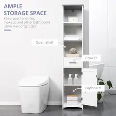kleankin Tall Bathroom Storage Cabinet with 3 Tier Shelf, Cupboard, Drawer, Door, Freestanding Linen Tower, Slim Side Organizer, White - 4
