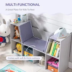 HOMCOM Kids Bookcase Shelf Storage Cabinet Unit, Living Room Sideboard w/ Six Compartments for Toys, Books - Grey - 5