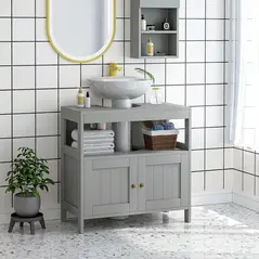 kleankin Pedestal Under Sink Cabinet with Double Doors, Modern Bathroom Vanity Storage Unit with Shelves, Light Grey - 2