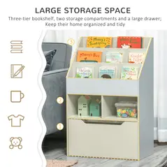 HOMCOM Kids Bookshelf, Toy Organiser, with Storage Drawer, Wheels - Grey - 4