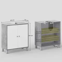 kleankin Under Sink Cabinet, Bathroom Vanity Unit, Storage Cupboard with Adjustable Shelves, White and Grey - 3