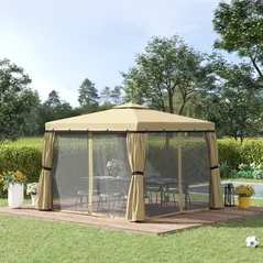 Outsunny 3 x 3(m) Patio Gazebo Canopy Garden Pavilion Tent Shelter with 2 Tier Water Repellent Roof, Mosquito Netting and Curtains, Aluminium Frame, Beige - 2
