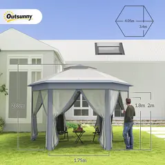 Outsunny 3 x 4m Metal Frame Hexagon Gazebo, with Curtains - Grey - 3