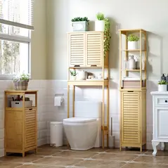 kleankin Tall Bathroom Cabinet, Slim Storage Cabinet, Tallboy Bamboo Storage Unit with 3-Tier Storage Shelves and Freestanding Organiser, Natural - 4