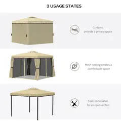 Outsunny 3 x 3(m) Patio Gazebo Canopy Garden Pavilion Tent Shelter with 2 Tier Water Repellent Roof, Mosquito Netting and Curtains, Aluminium Frame, Beige - 6