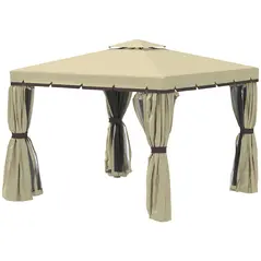 Outsunny 3 x 3(m) Patio Gazebo Canopy Garden Pavilion Tent Shelter with 2 Tier Water Repellent Roof, Mosquito Netting and Curtains, Aluminium Frame, Beige - 8