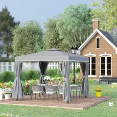 Outsunny 3 x 3(m) Patio Gazebo Canopy Garden Pavilion Tent Shelter Marquee with 2 Tier Water Repellent Roof, Mosquito Netting and Curtains, Aluminium Frame, Dark Grey - 2