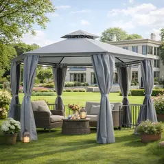 Outsunny 3 x 3(m) Hexagon Gazebo Patio Canopy Party Tent Outdoor Garden Shelter w/ 2 Tier Roof & Side Panel - Grey - 2