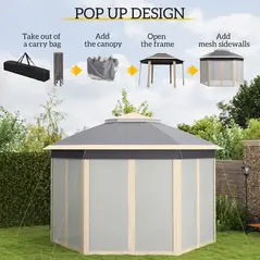 Outsunny Hexagon Pop Up Gazebo Outdoor Patio Gazebo Double Roof Instant Shelter with Netting, 3 x 4m, Khaki - 4