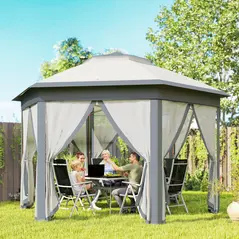 Outsunny 3 x 4m Metal Frame Hexagon Gazebo, with Curtains - Grey - 2
