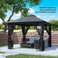 Outsunny 3 x 3m Garden Gazebo Patio Party Tent Shelter Outdoor Canopy Double Tier Sun Shade with Metal Frame and Netting, Dark Grey - 7