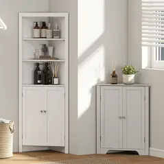 kleankin Triangle Bathroom Cabinet, Corner Bathroom Storage Unit with Cupboard and 3-Tier Shelves, Free Standing, White - 9