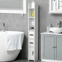 kleankin Modern Bathroom Storage Cabinet, Freestanding Tall Bathroom Cabinet with Open Shelves and 3 Cupboards with Door, for Bedroom Hallway, White - 2