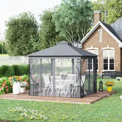 Outsunny 3 x 3(m) Garden Gazebo Patio Party Tent Shelter Outdoor Canopy Double Tier Sun Shade Metal Frame Netting, Light Grey - 2
